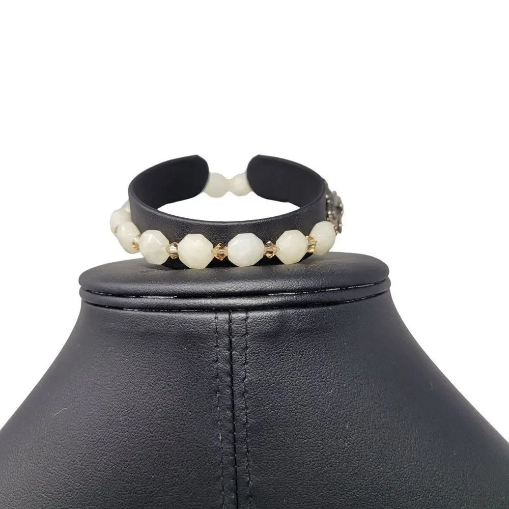 Artisan Handmade 925 Sterling Silver White Quartz Bicone Beaded Bracelet Healing